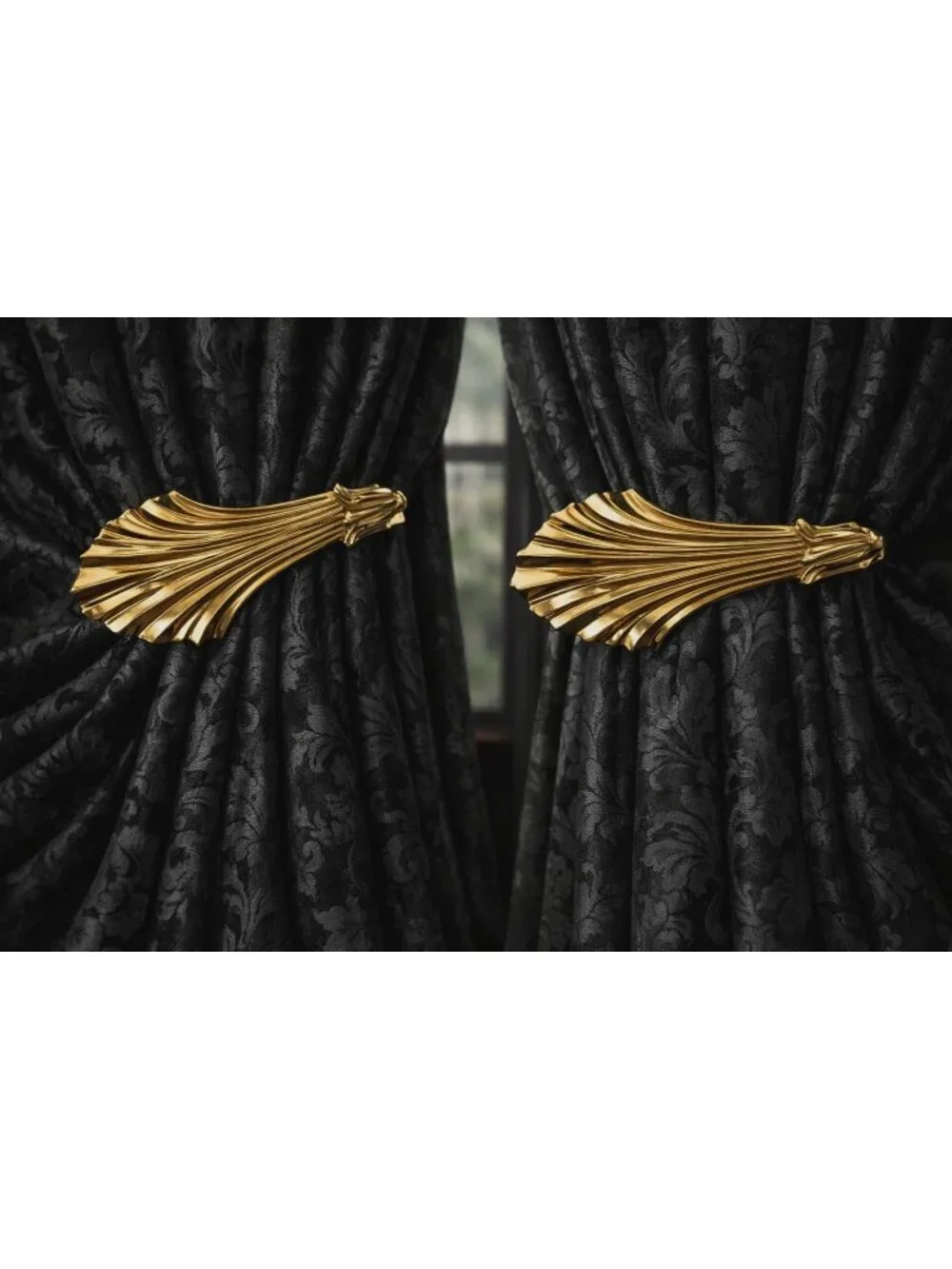 Set 6 Gold Shell Curtain Tiebacks Drapery Holdbacks Adjustable w/ Hardware Vtg